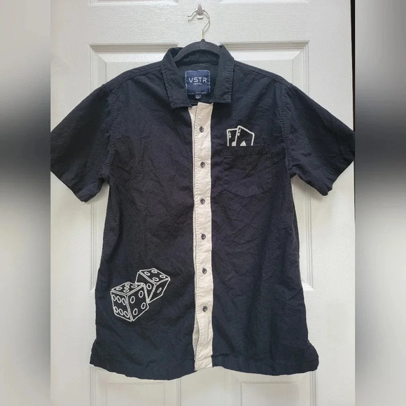 VSTR Men's Vintage Embossed Aces Up Button Down Short Sleeve Shirt Size Large - Picture 1 of 3